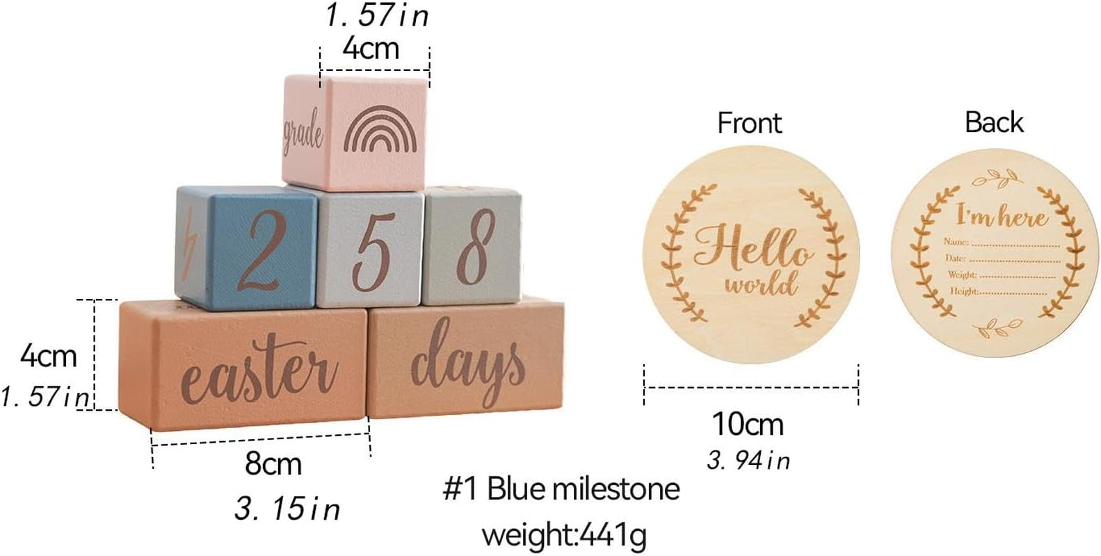 Milestone Blocks Set Memories Growing Up, Week Month Year Creative Decoration Boys or Girls Wooden Discs, Age Blocks, Blue - Pink image number 7