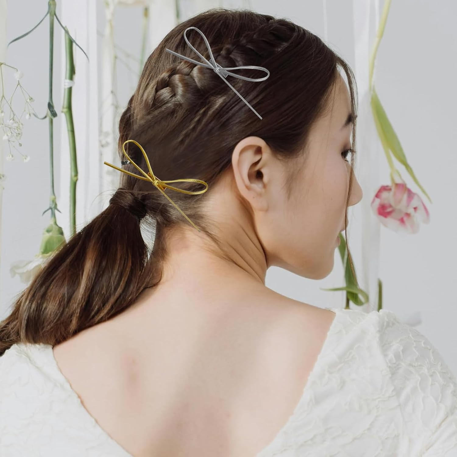 ASOMI Set of 4 Simple Fashionable Hair Pins with Leather Bow, Vintage Y2K Style, Charming Hair Accessories Set for Women and Girls (Gold, Silver) image number 2