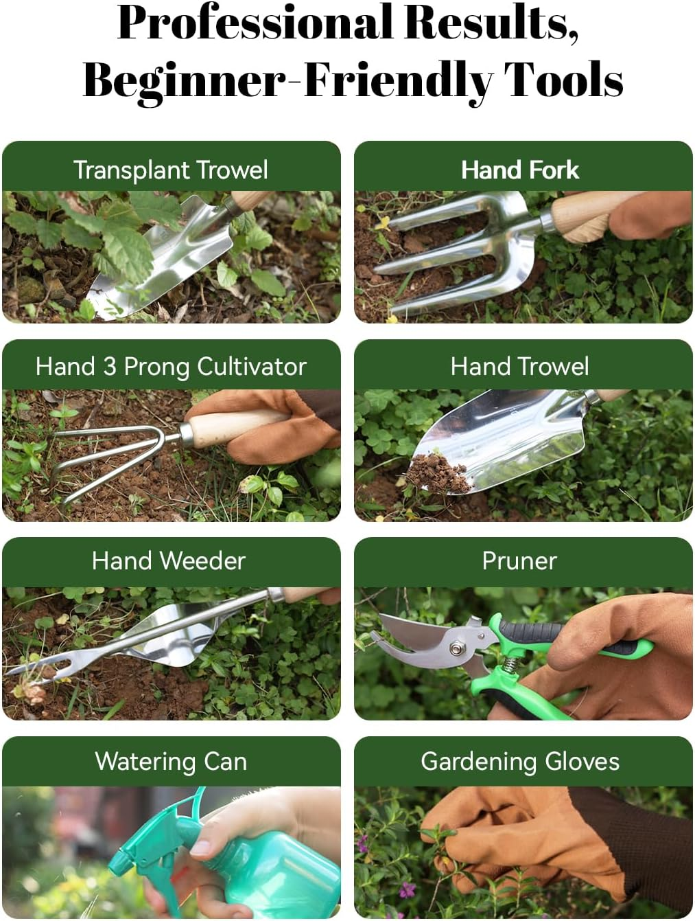 Gardening Tools Set 9-Piece Heavy-Duty Gardening Hand Tools with Floral Tote Bag, Stainless Steel Garden Supplies Kit Ideal Gardening Gifts for Women Mom Wife Green image number 3