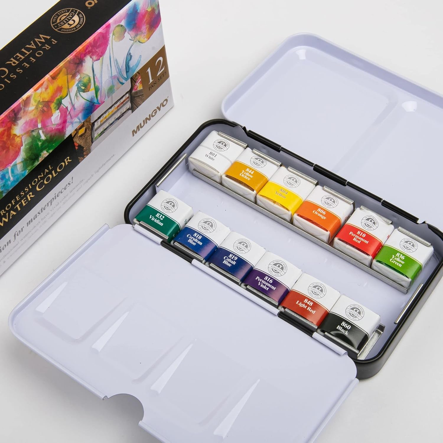 MUNGYO Sargent Art 32-6012 Artist Quality Professional Watercolor Set, Tin Case, Green,White, 12 Ct image number 1