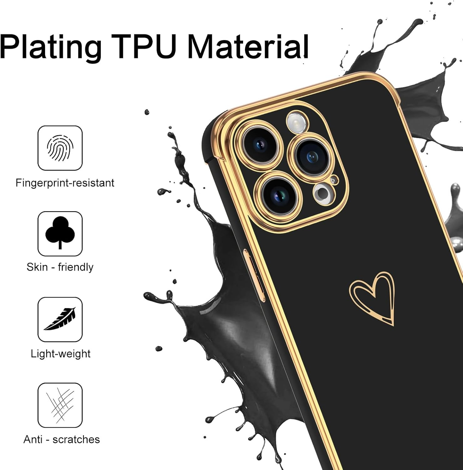 GUAGUA for Iphone 15 Pro Max Case, Luxury Bumper Case Iphone 15 Pro Max Case Cute Heart Pattern Cover for Women Camera Protection & 4 Corners Shockproof Protection Phone Cover Black image number 3