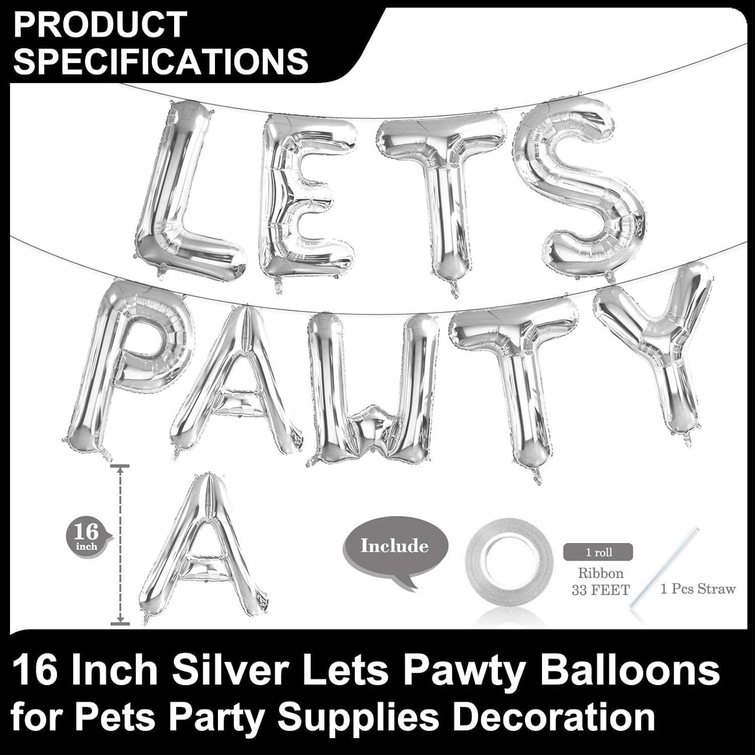 9 Pcs Lets Pawty Balloons Banner 16 Inch, Dog Cat Pet Birthday Letters Sign Lets Pawty Balloons Happy Birthday Banner for Pet Dog Cat Party Supplies Decorations (Silver) image number 6