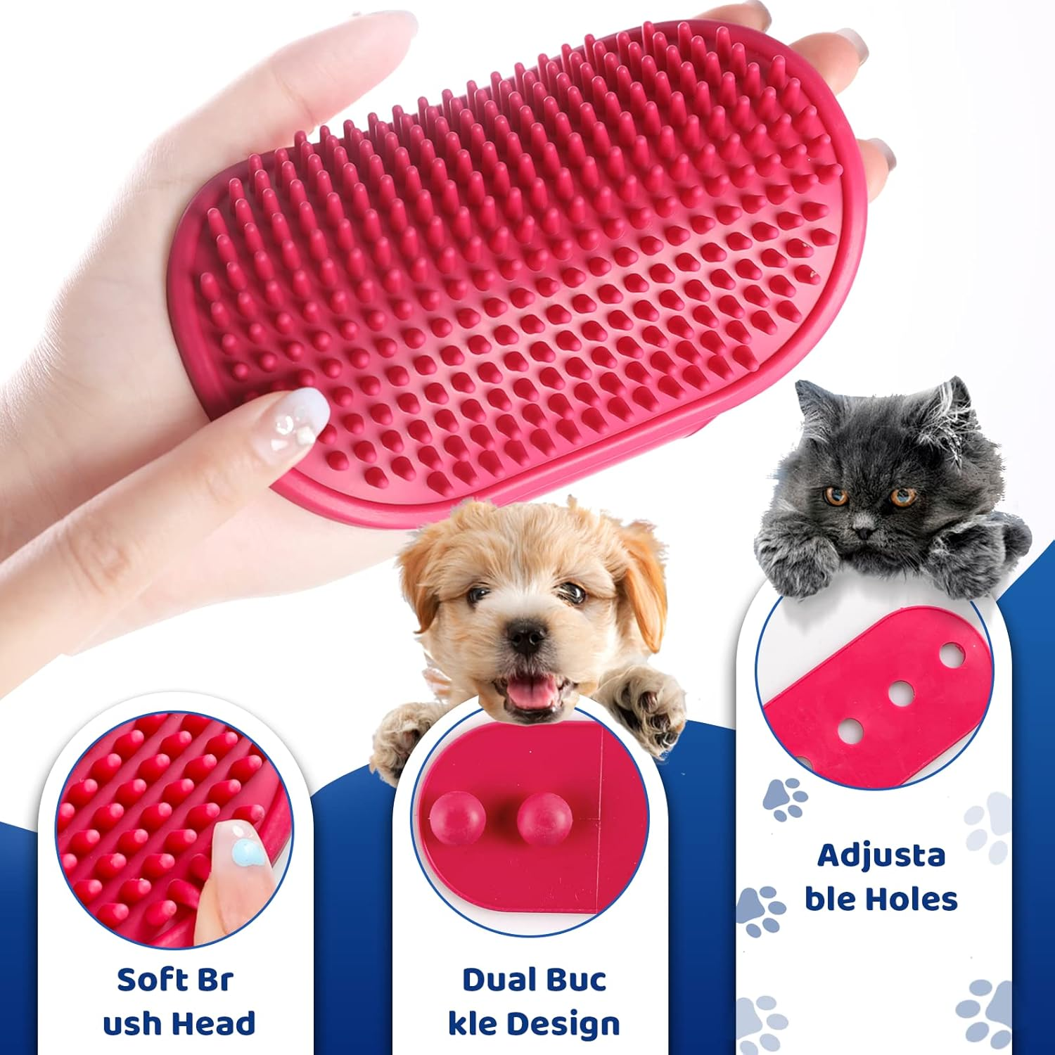 2PC Dog Cat Bath Brush, with Soap and Shampoo Dispenser Dog Grooming Brush Massage Brush Soft Silicone Rubber Bristle for Short Haired Dogs Cats Shower(Pink + Blue) image number 5