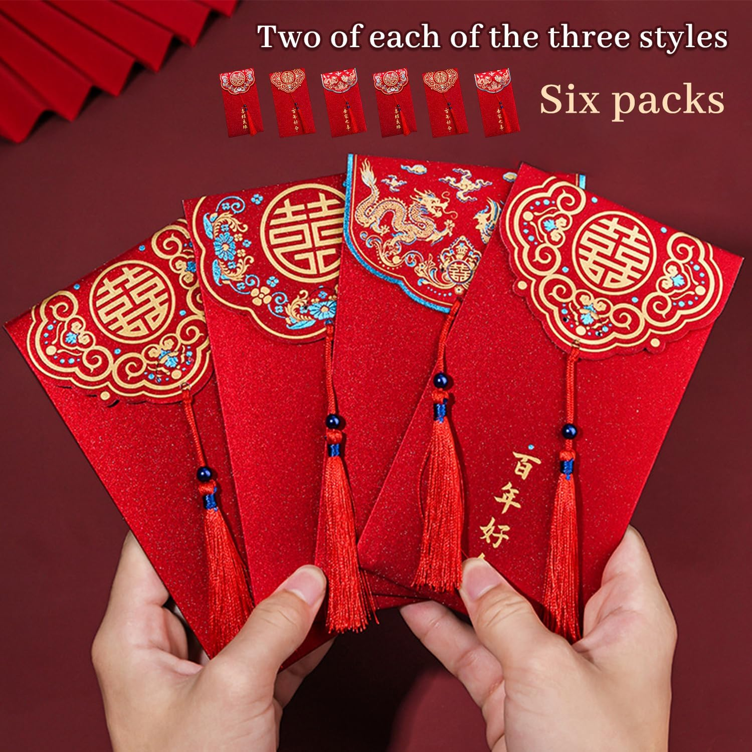 6 Pcs Red Envelopes, Thousand Yuan Red Packets, Red Envelope Gifts, Tie the Knot Red Envelope, Red Envelope Gifts for Wedding Happy image number 3