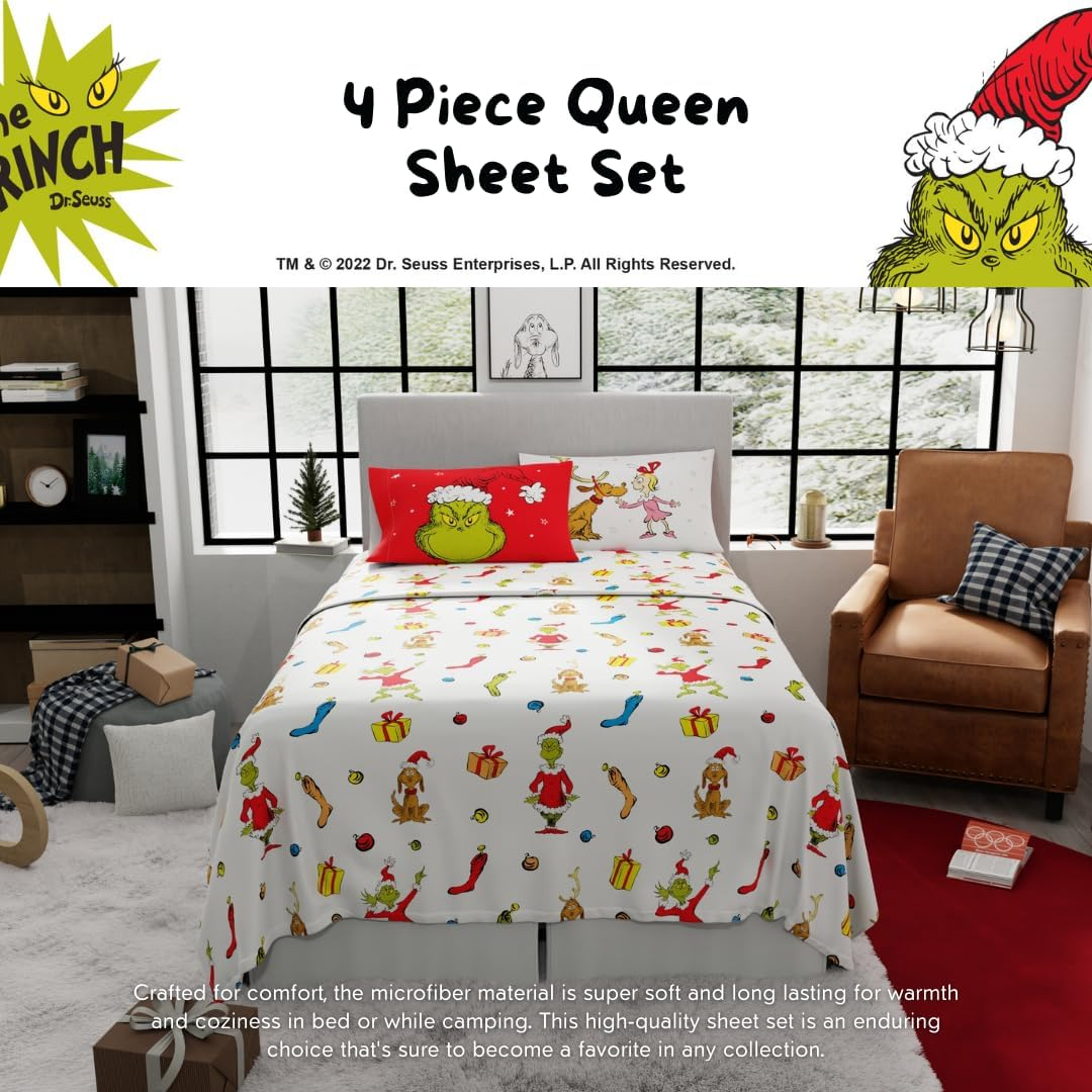 Franco Collectibles Dr. Seuss the Grinch Holiday & Christmas Bedding Super Soft Microfiber 4 Piece Queen Sheet Set, (Officially Licensed Product) image number 5