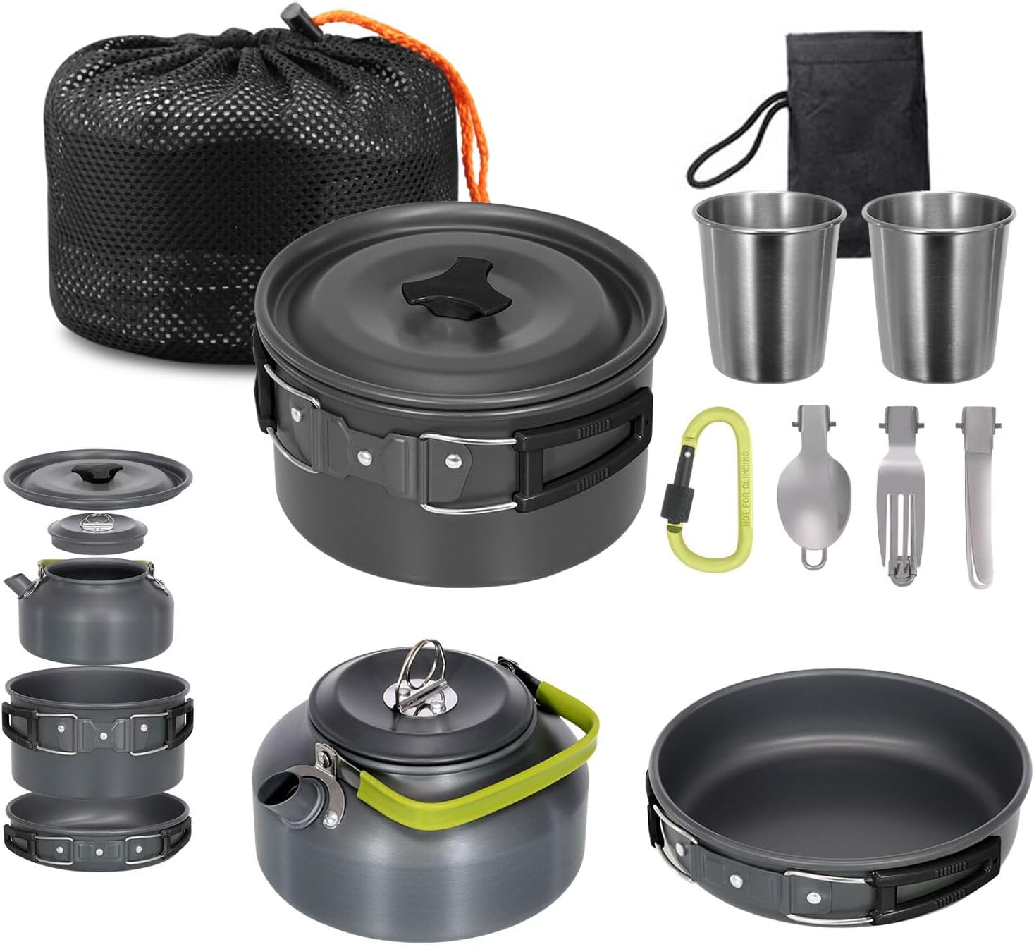 Aomiun Camping Cookware Kit, Non-Stick Pot Pan Kettle Set with Stainless Steel Cups Forks Knives Spoons for Picnic Hiking 1-2 People