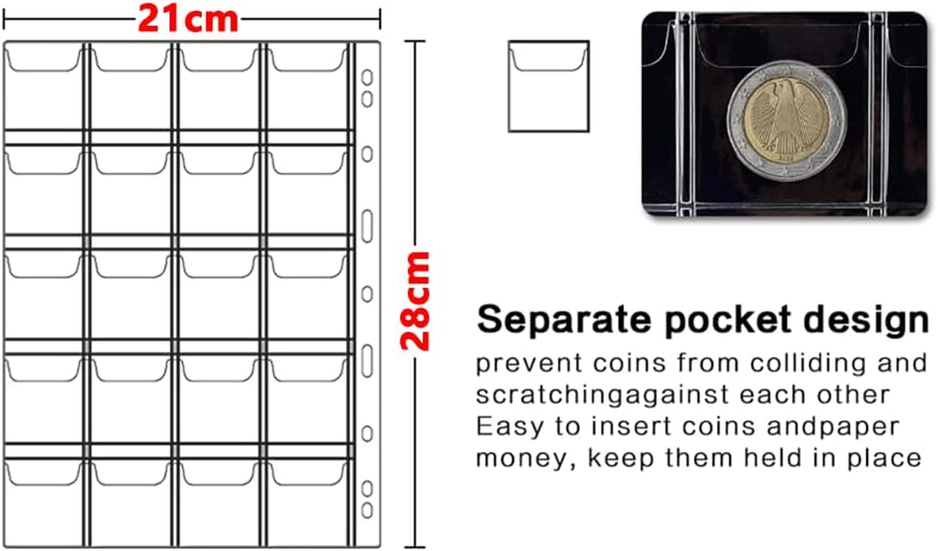 15 Sheets 4.3X4.3Cm Coin Collection Pages, Coins Pocket Page with 300 Pockets, Coin Binder Inserts Sleeves with Standard 9 Hole for Coin Album image number 5
