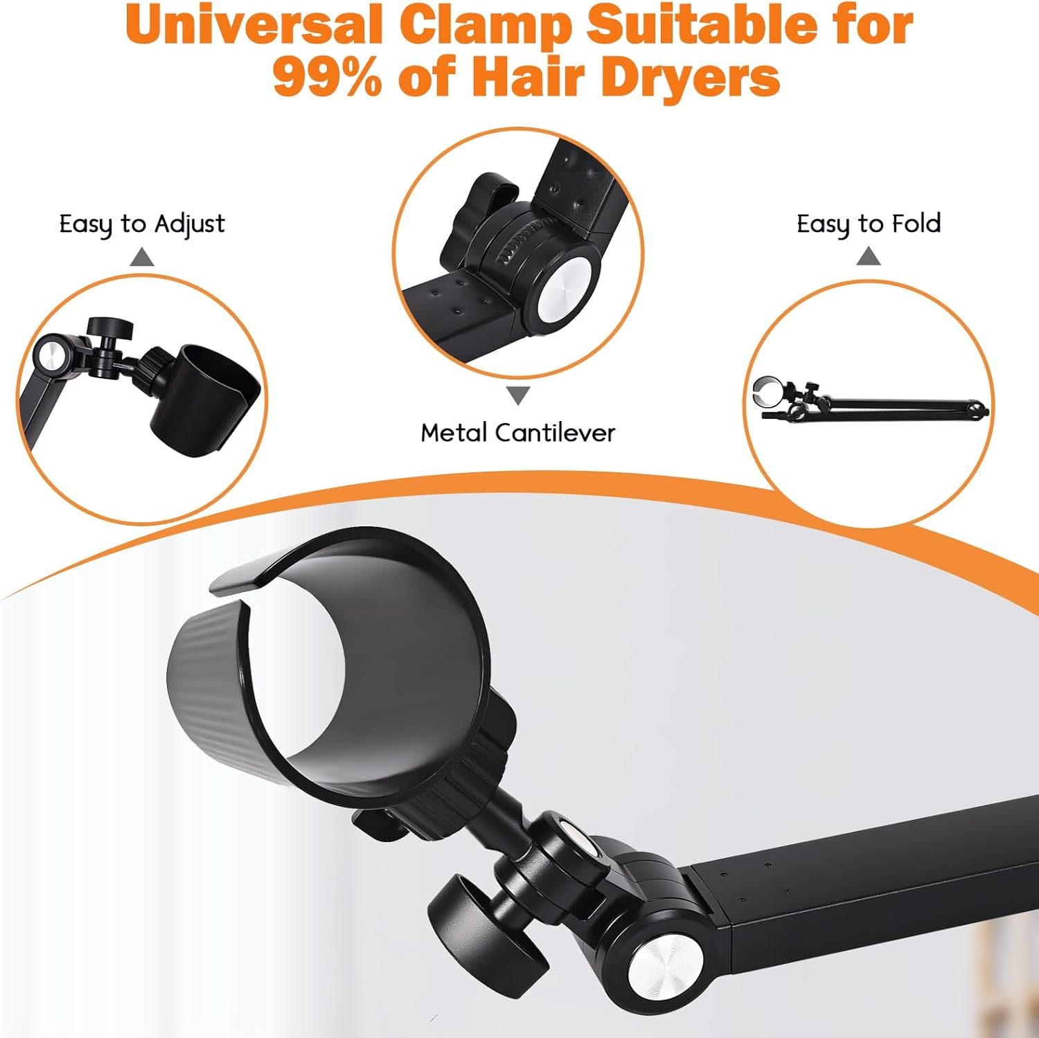 Hair Dryer Clamp Stand - Multi Angle Adjustable Stand, Multifunctional Stand, Carbon Alloy Arm, Plastic Base Mount, Allow You to Dry Hair Hand Freely image number 6