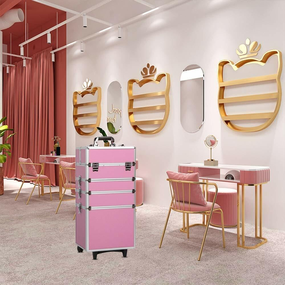 LEDON 7-In-1 Portable Makeup Trolley Case &ndash; Professional Beauty Hairdressing & Cosmetic Organizer with Wheels, Adjustable Dividers, Sliding Trays & Lockable Storage (Pink) image number 2