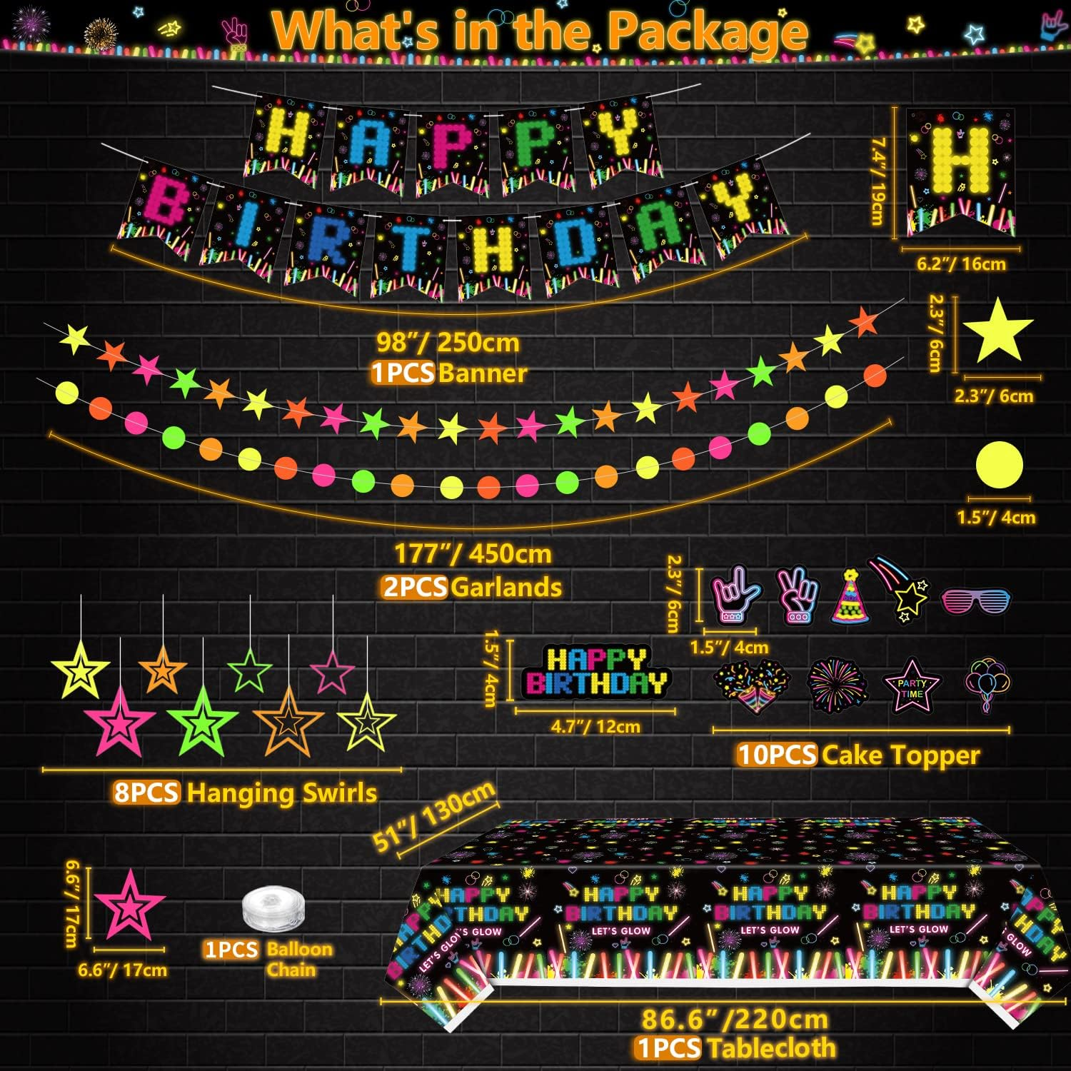 224 PCS Glow Neon Party Supplies Neon Glow Tableware Set Neon Balloon Glow in the Dark Birthday Banner Hanging Swirl Cake Toppers for Blacklight Party Decoration Serves 20 (Glow Set A) image number 6