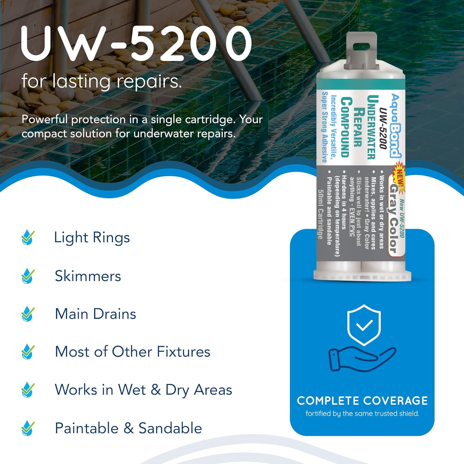 Swimming Pool Epoxy Repair Kit | Waterproof Epoxy Putty | Pool & Spa Repair | Easy DIY | Underwater Sealant for Cracks & Leaks | Concrete, Fiberglass, PVC | DMK-5200 50Ml (1.7 Oz) Kit | Gray image number 5
