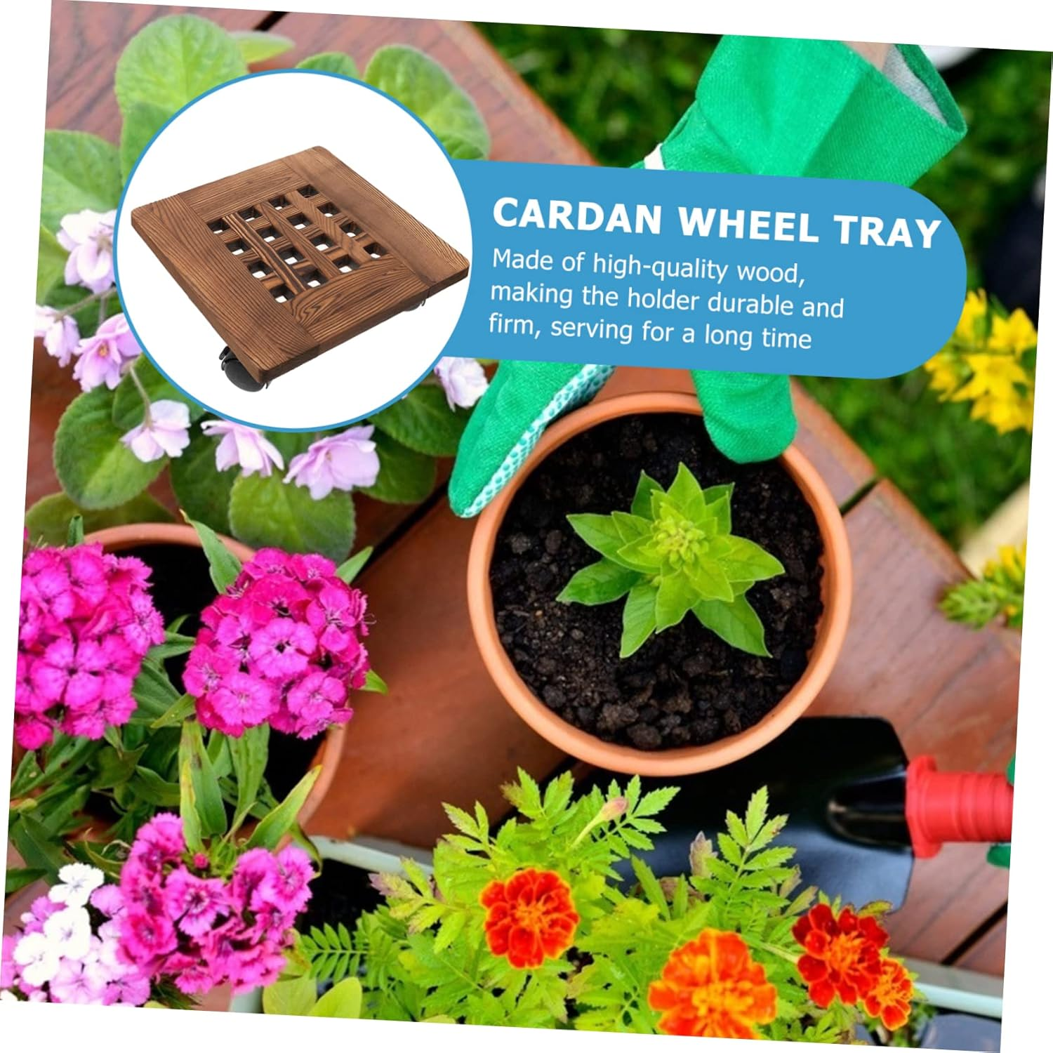 Movable Flowerpot Tray Wooden Plant Pot Tray Wheels for Indoor Plant Pot Stand Hollow Design for Flower image number 6