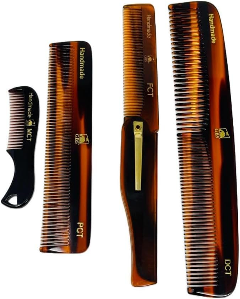 G.B.S Handmade Stylish Comb Set- Hair Styling Grooming for Men, Women Fine Toothed Tortoise Combs Pack of 4 1 DCT Dressing, 1 FCT Folding, 1 PCT Pocket & 1 MCT Mustache Comb