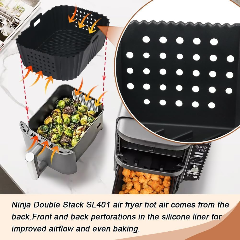Silicone Air Fryer Liners for Ninja SL401 Double Stack 2 Basket Air Fryer, Reusable Rectangle Perforated Silicone Liners for Dual Air Fryer, Ninja Doublestack XL 9.5L Air Fryer Accessories image number 5