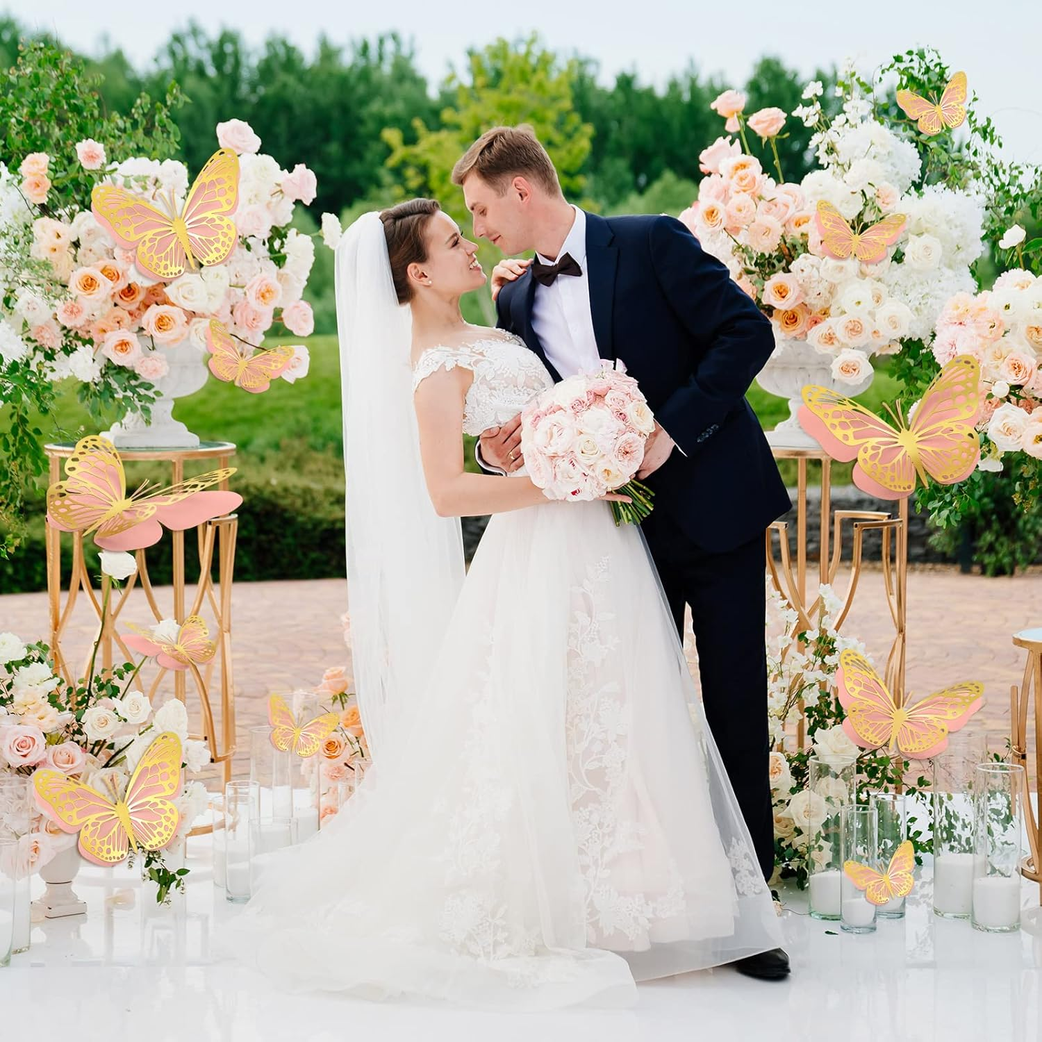 Geosar 20 Pcs 3D Large Butterfly Party Decoration 2 Layer Giant Paper Butterfly Stickers Big Butterfly Wall Decoration Set Large Butterfly for Birthday Baby Shower Nursery (Gold,Pink) - 20, Black image number 2