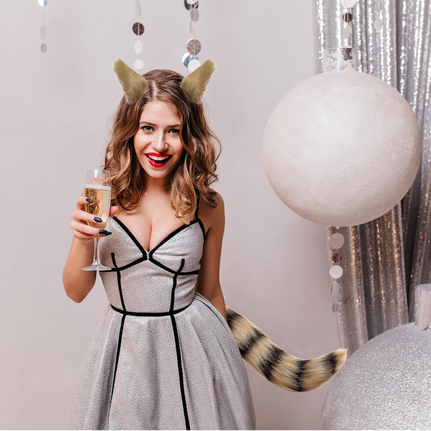 Handmade Cat Ears and Wolf Fox Animal Tail Cosplay Costume Faux Fur Hair Clip Headdress Halloween Leather Neck Chocker Set - Black White image number 3