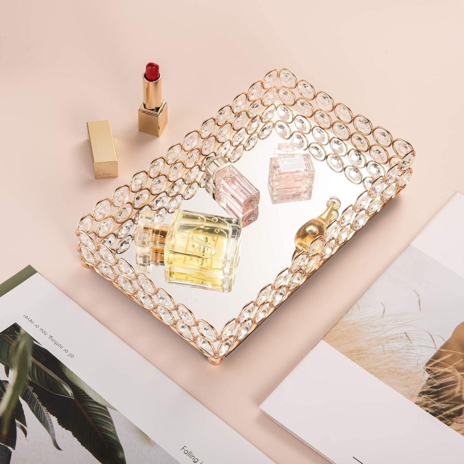 Feyarl Crystal Perfume Tray Gold Mirror Tray Rectangle Decorative Trays Jewelry Trinket Cosmetic Organizer Trays for Dresser Home