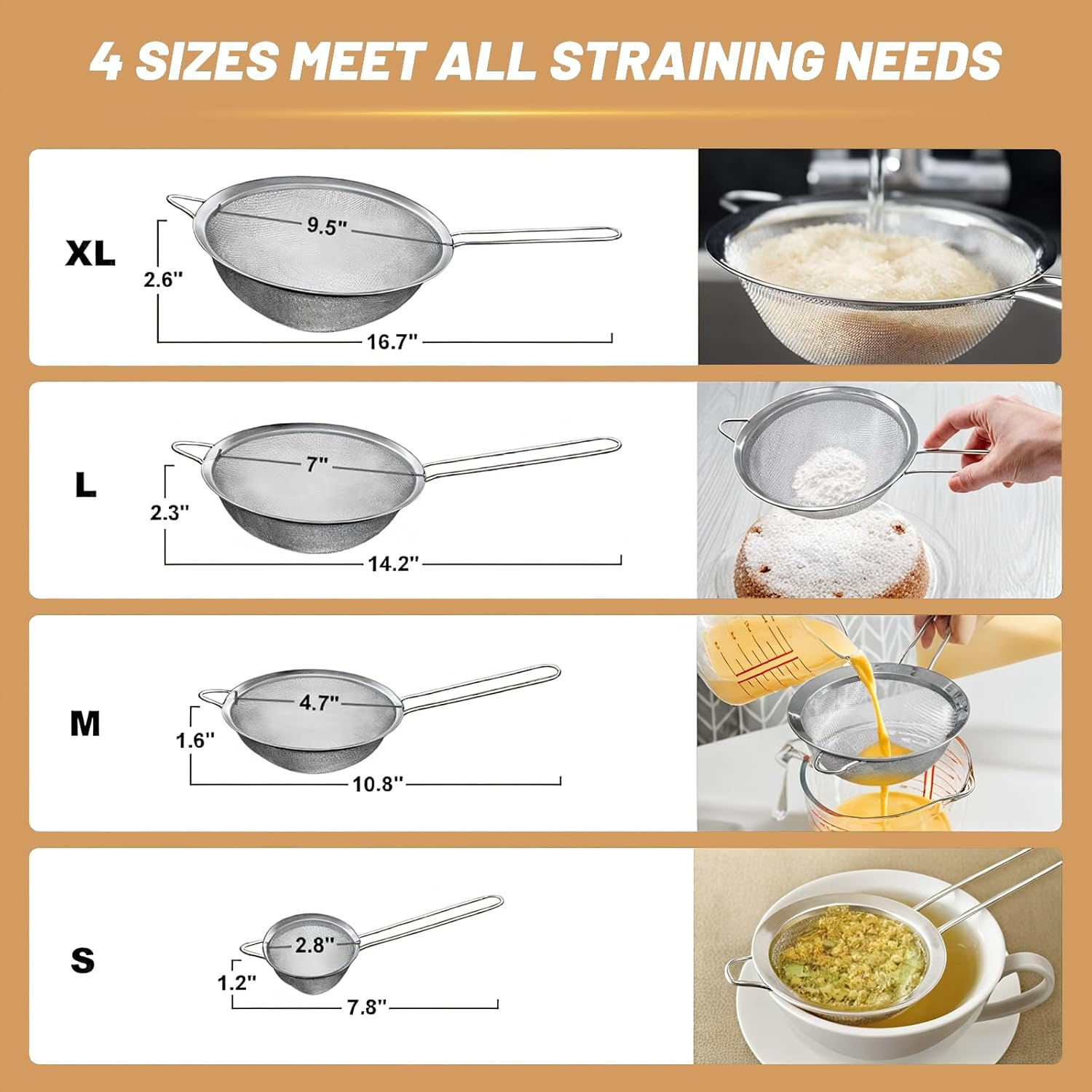 Billord Fine Mesh Strainer - Set of 4 Food Colanders, Premium Stainless Steel Sieve Strainers with Sturdy Handle, Mini Small Medium Large Size Sifters for Kitchen, Rice, Juice, Food,Pasta,Flour,Baking image number 4