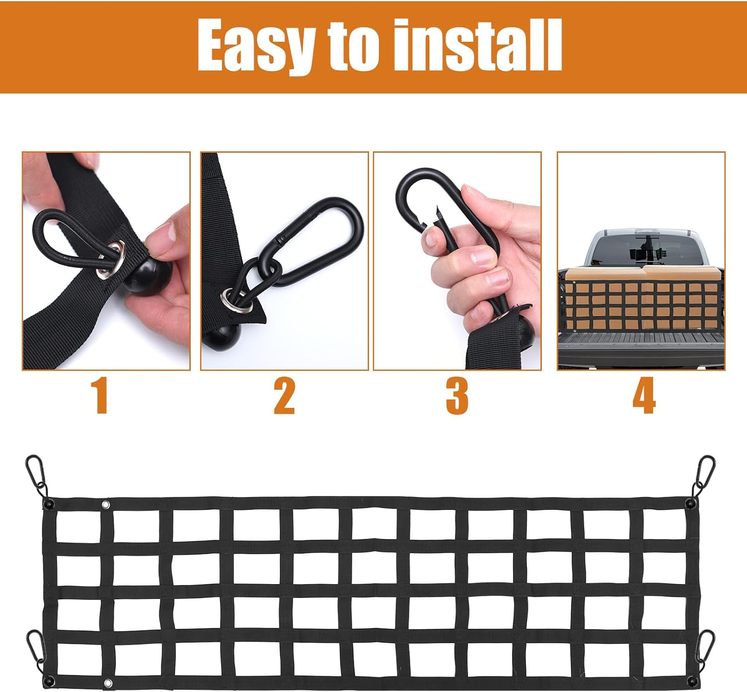 Tailgate Net for Pickup Truck Bed, Black 58.86X17.32In Mesh Tail Gate with Carabiner & Elastic Rope for Full Size Truck Cargo Trucks Bed Divider Truck Bed Net image number 6