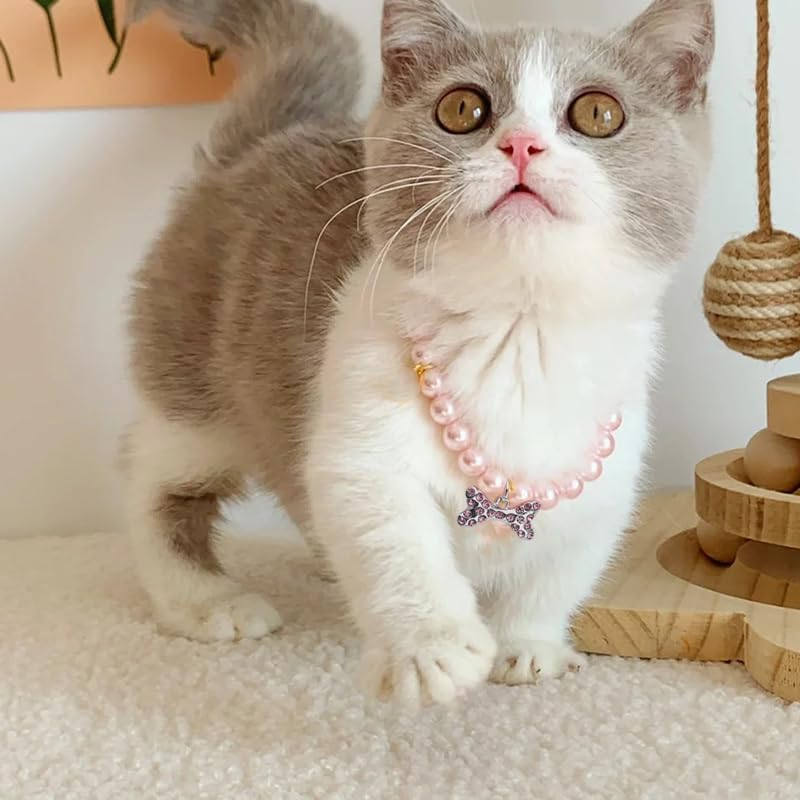 Dog Accessories for Girls Pearl Collar Necklace for Dogs Cats Coquette Bow Pearl Dog Necklace Collar Jewelry for Wedding Birthday Party Diamond Pearls Necklace with Rhinestone Bone for Dog (Pink, L) image number 2