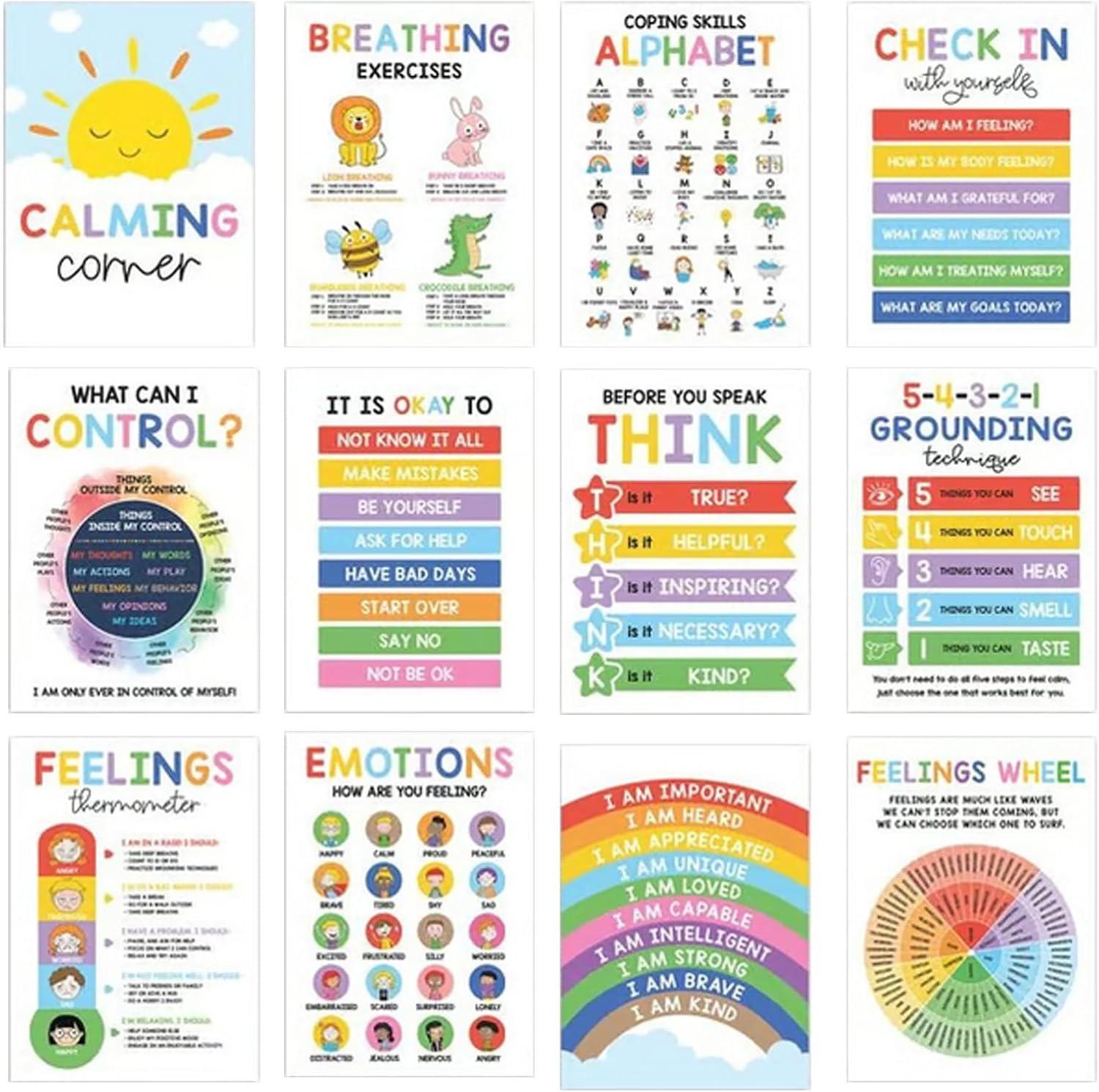 Calming Corner Posters, 12 Pieces Kids Feelings Wheel Chart Emotions Poster, Mental Health Visual Charts, Emotions and Mindfulness Wall Art, Sensory Wall Art for Preschool Home image number 3