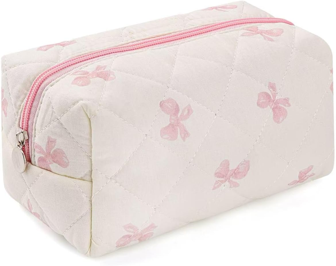 Floral Quilted Makeup Bag - Cosmetic and Skincare Product Pouch, Fashionable Travel Puffy Coquette Makeup Bag, Small Cute Attractive Blue