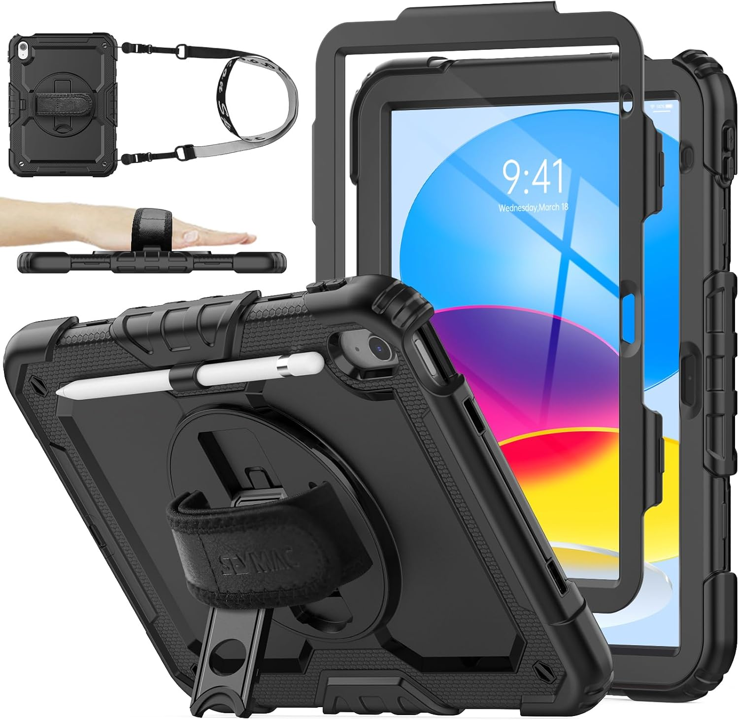 SEYMAC Stock Case for Ipad 11Th(A16) Generation 11" 2025/10Th Generation 10.9'' 2022, Shockproof Case with Screen Protector, 360&deg; Rotate Hand Strap/Stand, Black