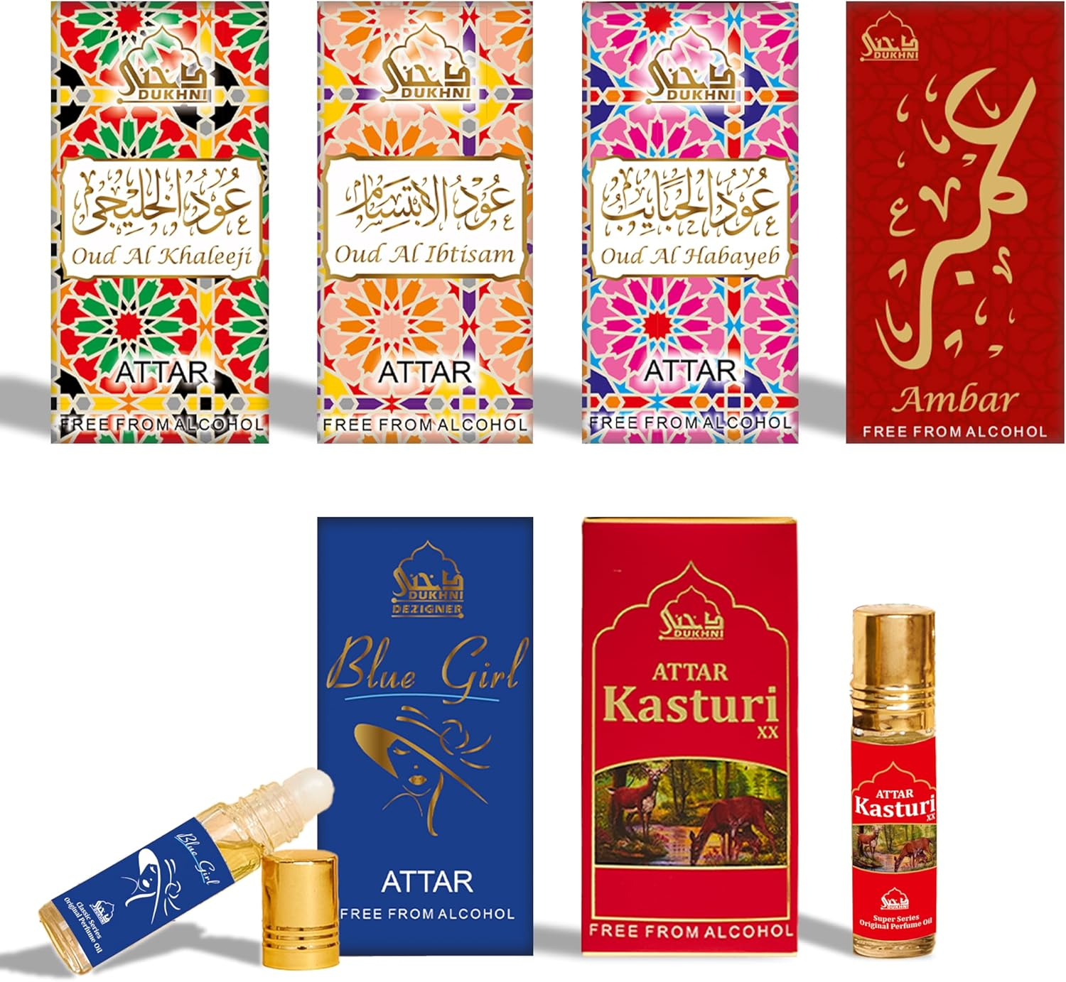Dukhni Premiere Attar Oil Set | العطار العربي | Authentic Arabic Fragrance Oils | 100% Halal Blends, Ramadan Eid Gifting | Oud Ibtisam, Oud Khaleeji, Oud Habayeb, Kasturi XX, Ambar, Blue Girl -6Ml Each image number 4