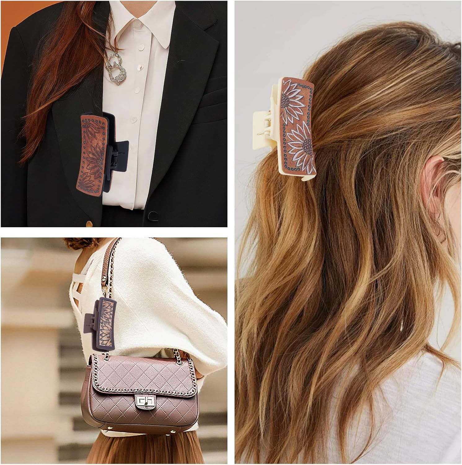 NICENEEDED 3 PCS Sunflower Hair Claw Clips, 1.7 X 4.1 Inch Matte Leather Floral Western Large Hairpins, Hair Accessories for Women Long Short Hairstyle image number 3