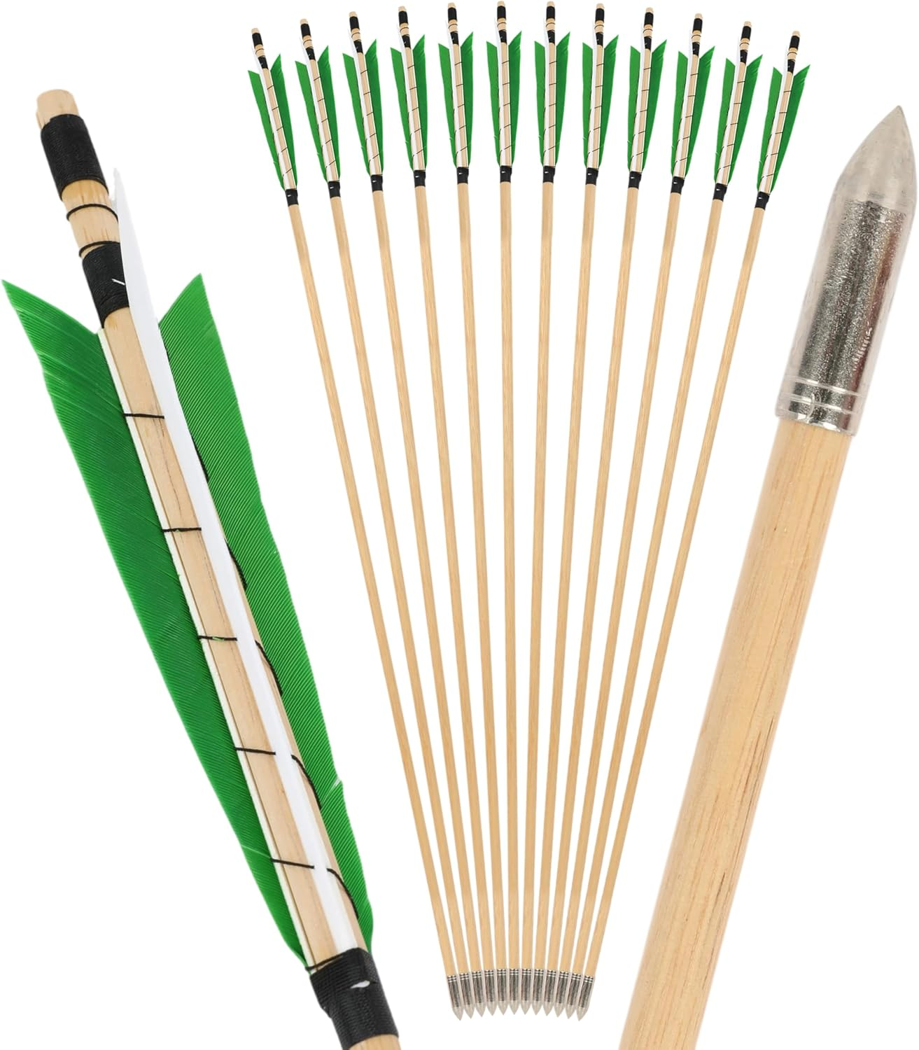 32 Inch Wooden Arrow English Longbow Arrow Target Pracrice Arrow Shaft with 5" Turkey Feather Fletching and Field Point for Recurve Bow Longbow Traditaonal Bow - 6Pcs, 2 Green 1 White