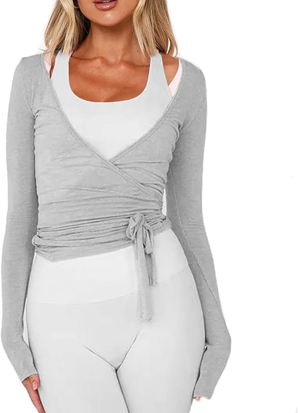 Pilates Wrap Tie Shirt Tops for Women Long Sleeve Ballet Tie Top Dance Ballerina Cover up Top Yoga Workout Blouse