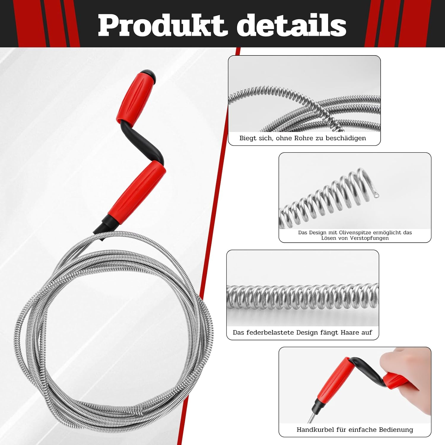 Pipe Cleaning Shafts 5 Meter Spiral Drain Cleaner with Drill Manual Operation Suitable for Sinks, Bathtubs, Toilets and Shower Rooms image number 1