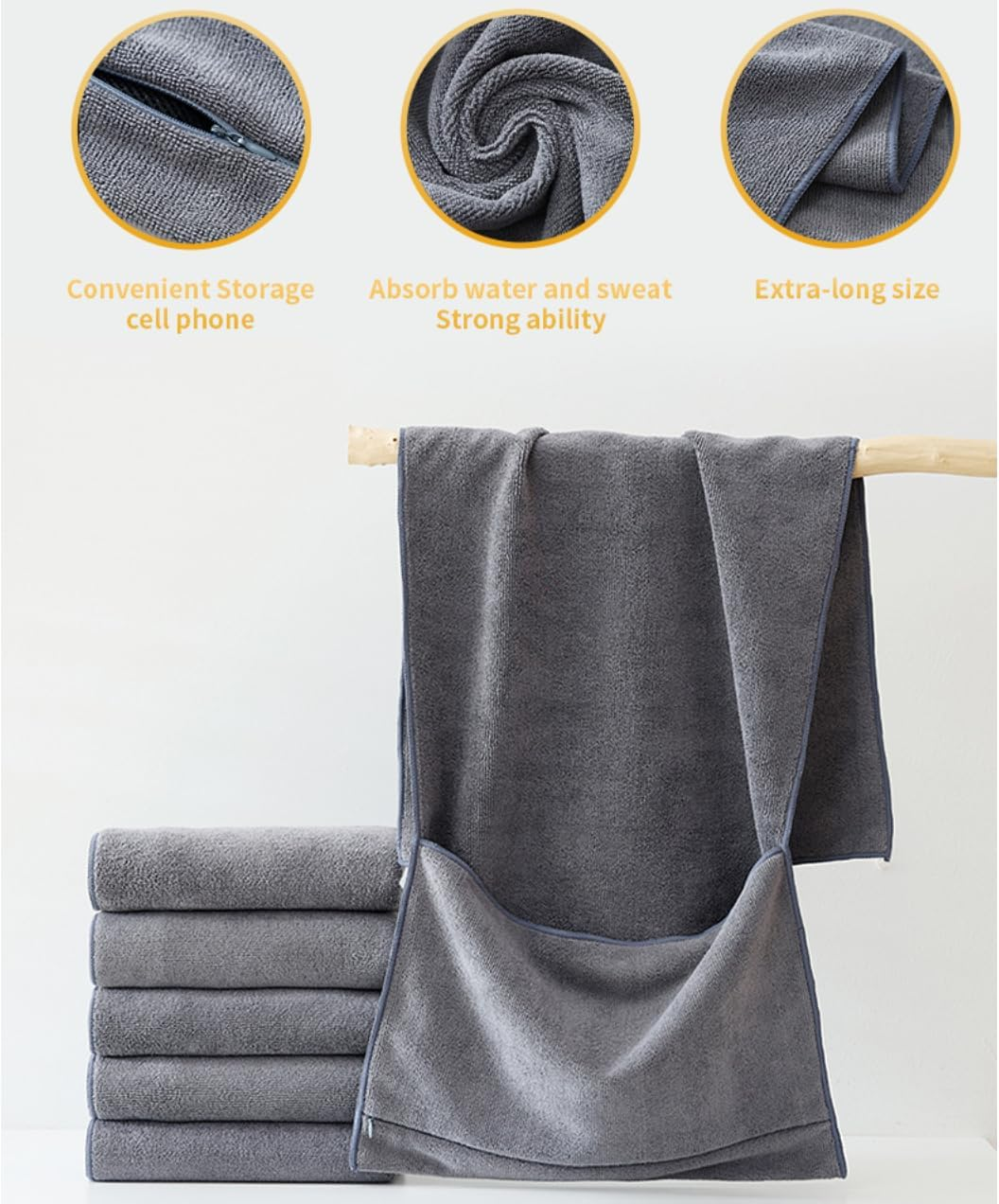 1PC Body Fitness Gym Towel,50 * 120CM Fast Drying Towel Zipper with Phone Pocket, Fast Drying Towel Zipper, Yoga Mat Cover, Bench Cover Grey image number 2