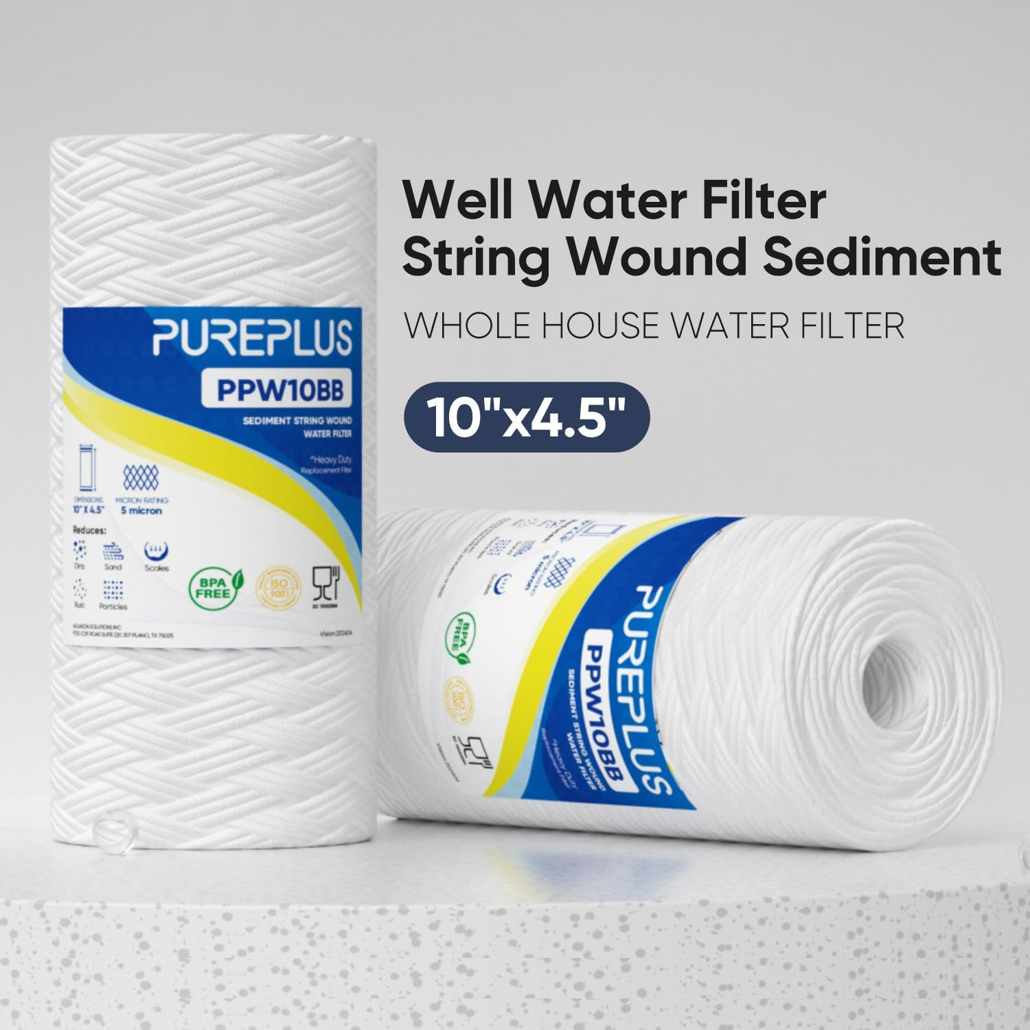 PUREPLUS 5 Micron 10 X 4.5 Whole House String Wound Sediment Filter for Well Water, Replacement Cartridge for 84637, WPX5BB97P, PC10, 355214-45, 355215-45, WP10BB97P, WP5BB97P, 2Pack