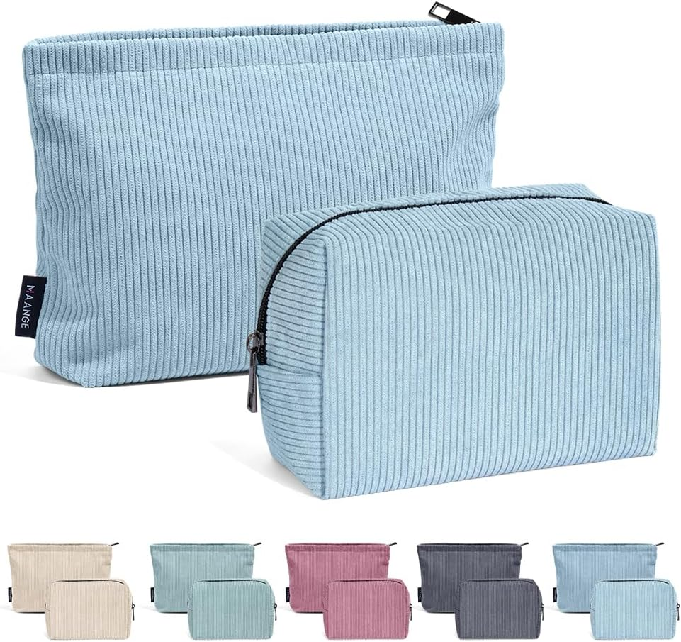 MAANGE 2 Pcs Makeup Bag, Cosmetic Bags for Women Travel Set Small Makeup Bag for Purse Corduroy Portable Versatile Zipper Pouch for Women (Blue image number 4