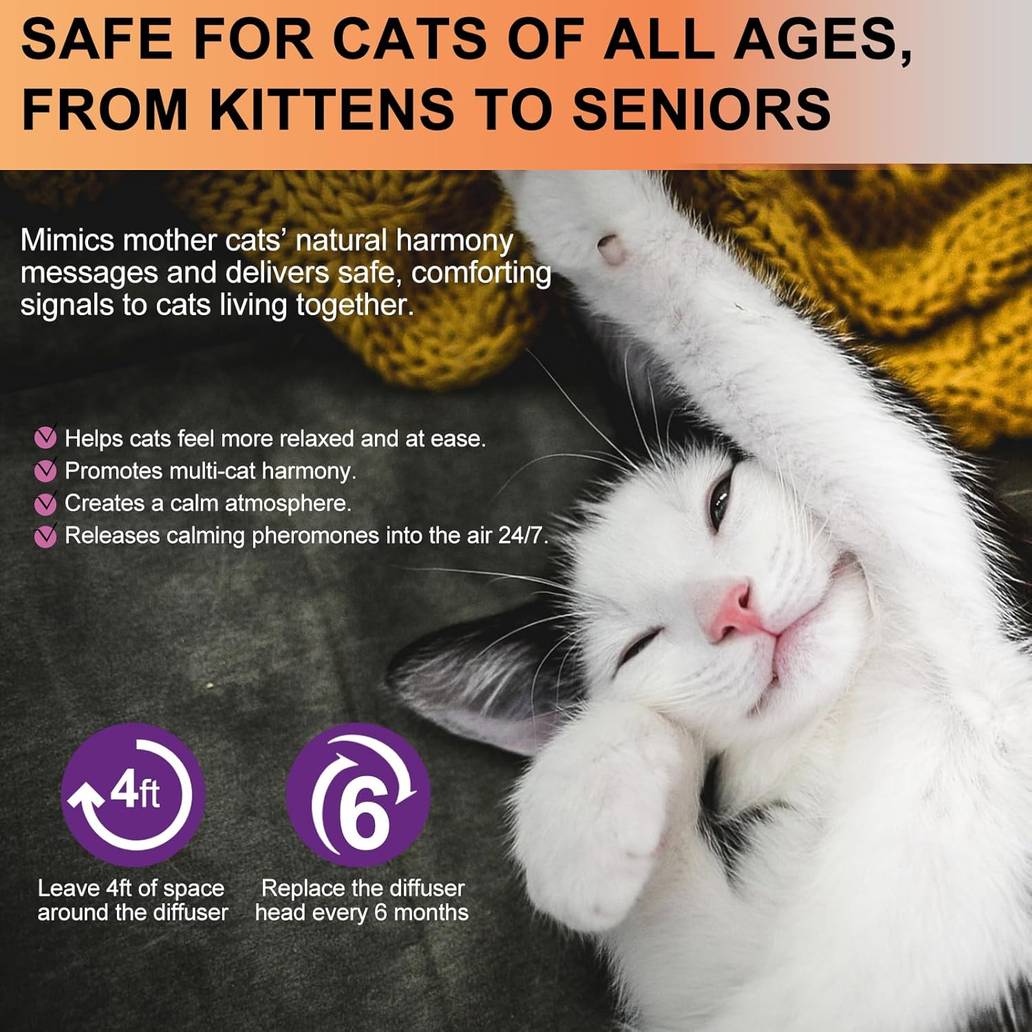 Cat Pheromones Calming Diffuser Relieve Anxiety Stress Cat Calming Diffuser for Cats 4 Refills, Reduce Fighting Spraying and Scratching Calm Relaxing Fits All Cats (4) image number 1