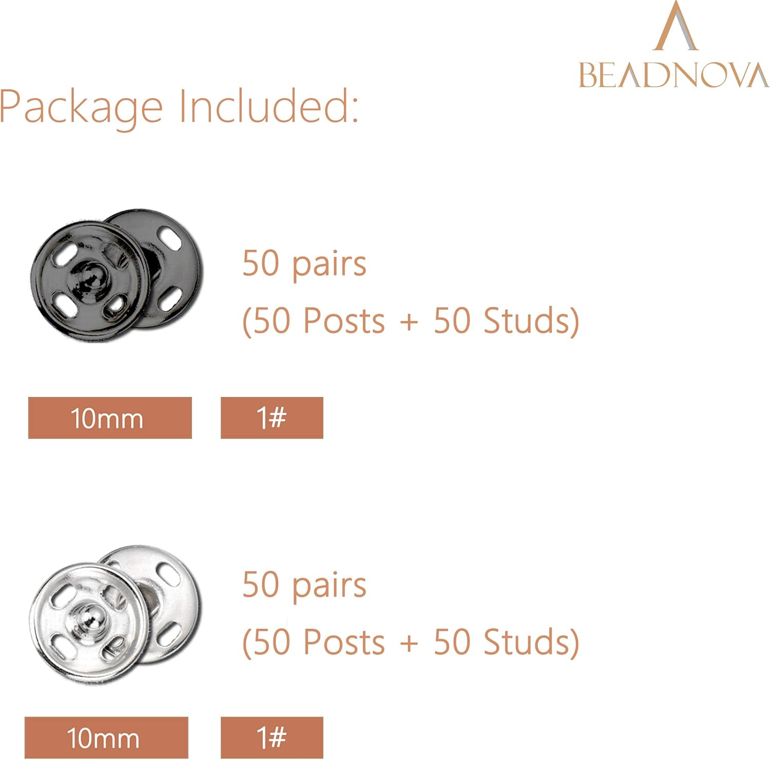 Beadnova Sew on Snaps Metalpress Buttons Snap Fasteners for Clothing (100 Sets 2 Colors) - 7Mm/10Mm/11.5Mm,Silver image number 4