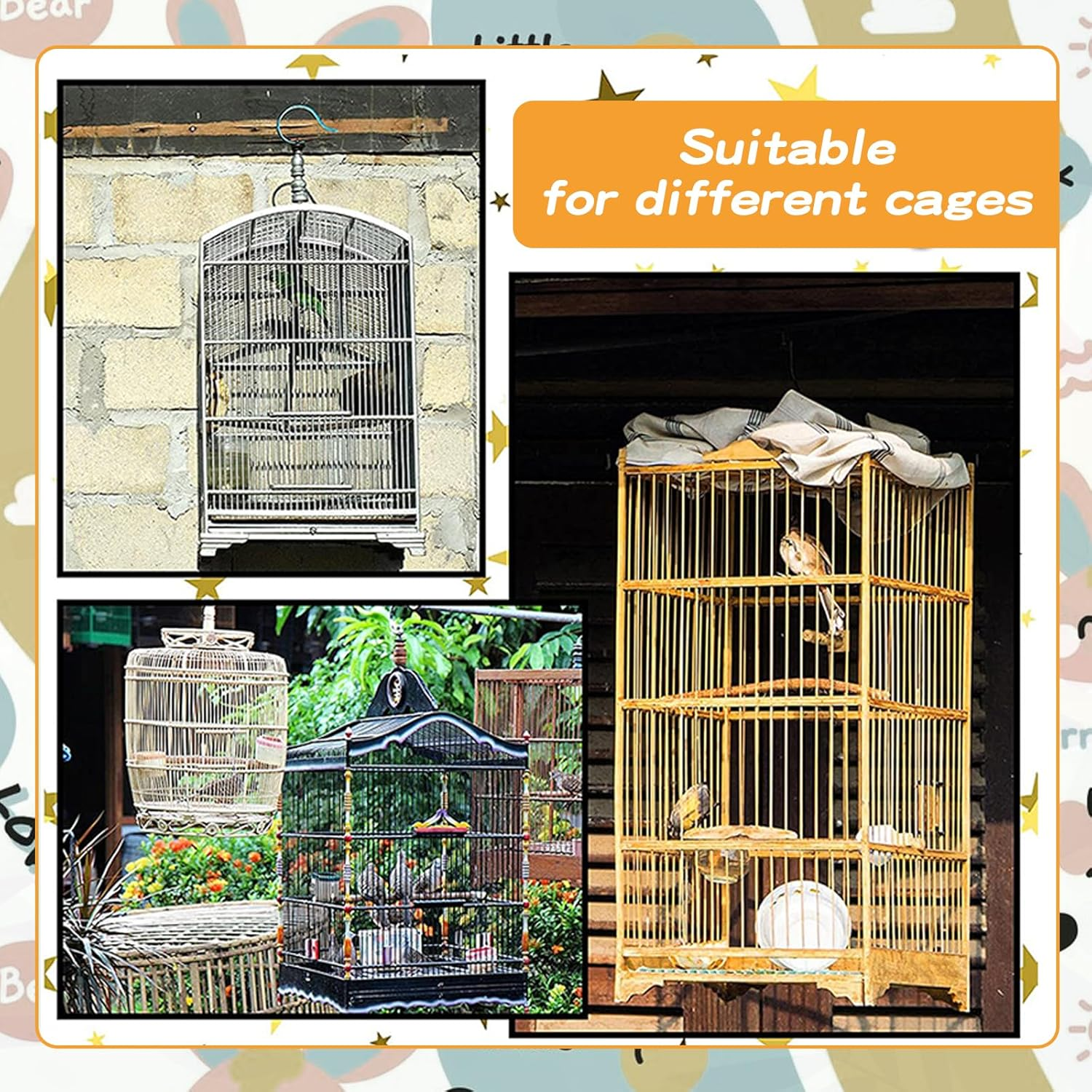 SUSOO Large Bird Cage Cover with Star Pattern Decoration- Bird Cage Seed Catcher with Adjustable Soft Nylon Mesh Net, Birdcage Cover Skirt Seed Guard for Cage Circumference 150Cm-220Cm/60&Prime;-86.6&Prime; image number 3