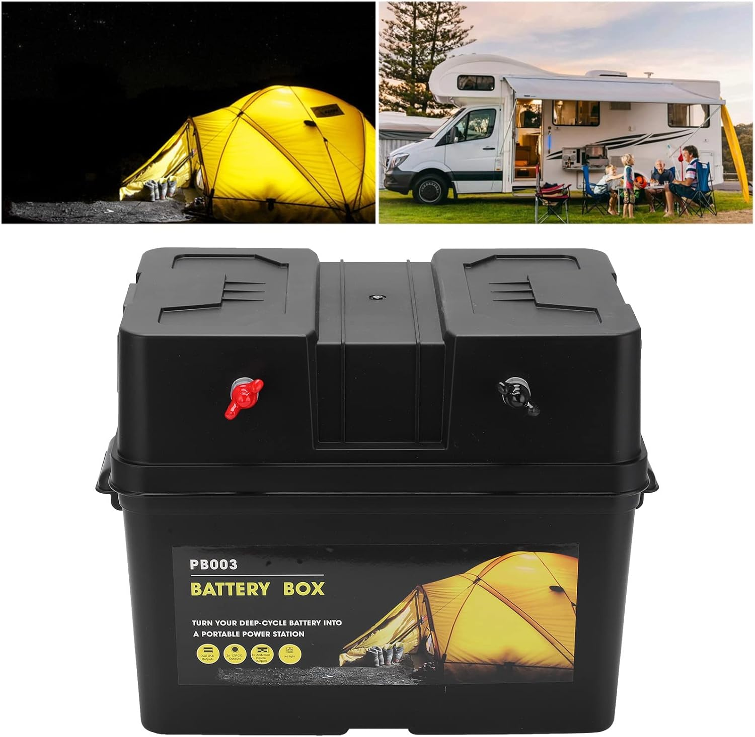 Portable Battery Box with Handle, Marine Battery Box with USB Charger/12V Accessory Port/Amplifiers/60 Amps Circuit Breakers/Voltage Meter Display Screen/Led Light image number 4