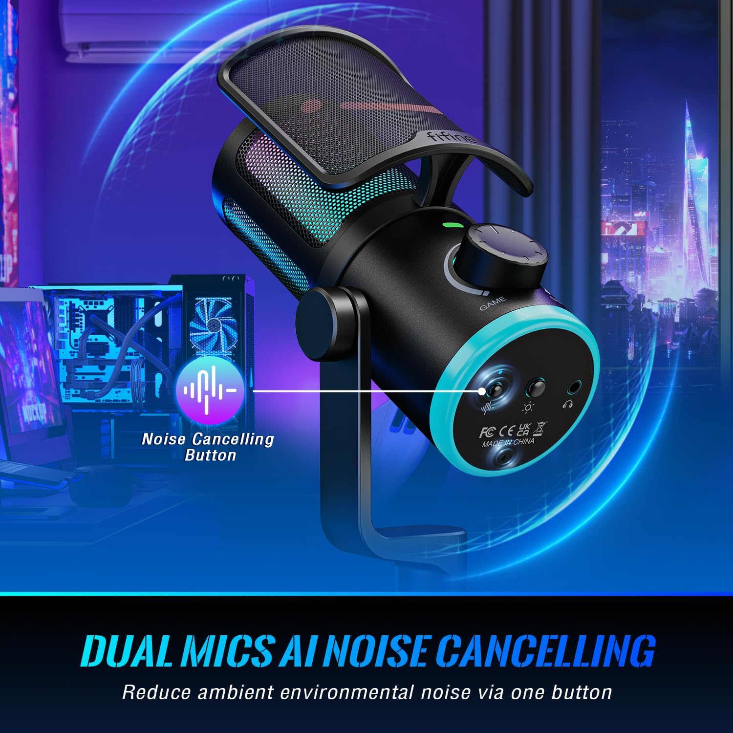 FIFINE Gaming PC Microphone, USB Streaming Microphone with Game Chat Balance, Computer Condenser Desktop RGB Mic with Mute Button, Noise Cancellation for Podcast/Twitch/Discord-Ampligame AM6 image number 6