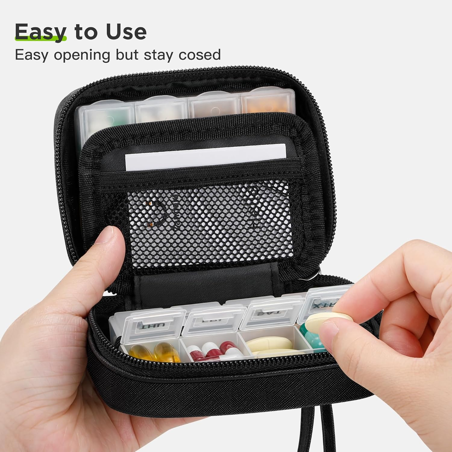 Zannaki Cute Pill Organizer for Purse with Two Removable 7-Day Pill Box, Travel PU Leather Pill Case, Portable Weekly Pill Container with Storage Bag to Hold Vitamins, Fish Oils, Supplements (Black)