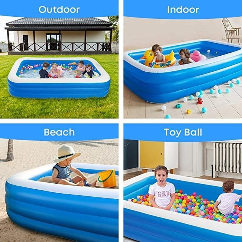 Kids Inflatable Playing Pool, 180Cm Kids Adult Family Rectangular Swimming Pool with Inflatable Soft Floor for Backyard, Garden, Indoor (Blue) image number 3