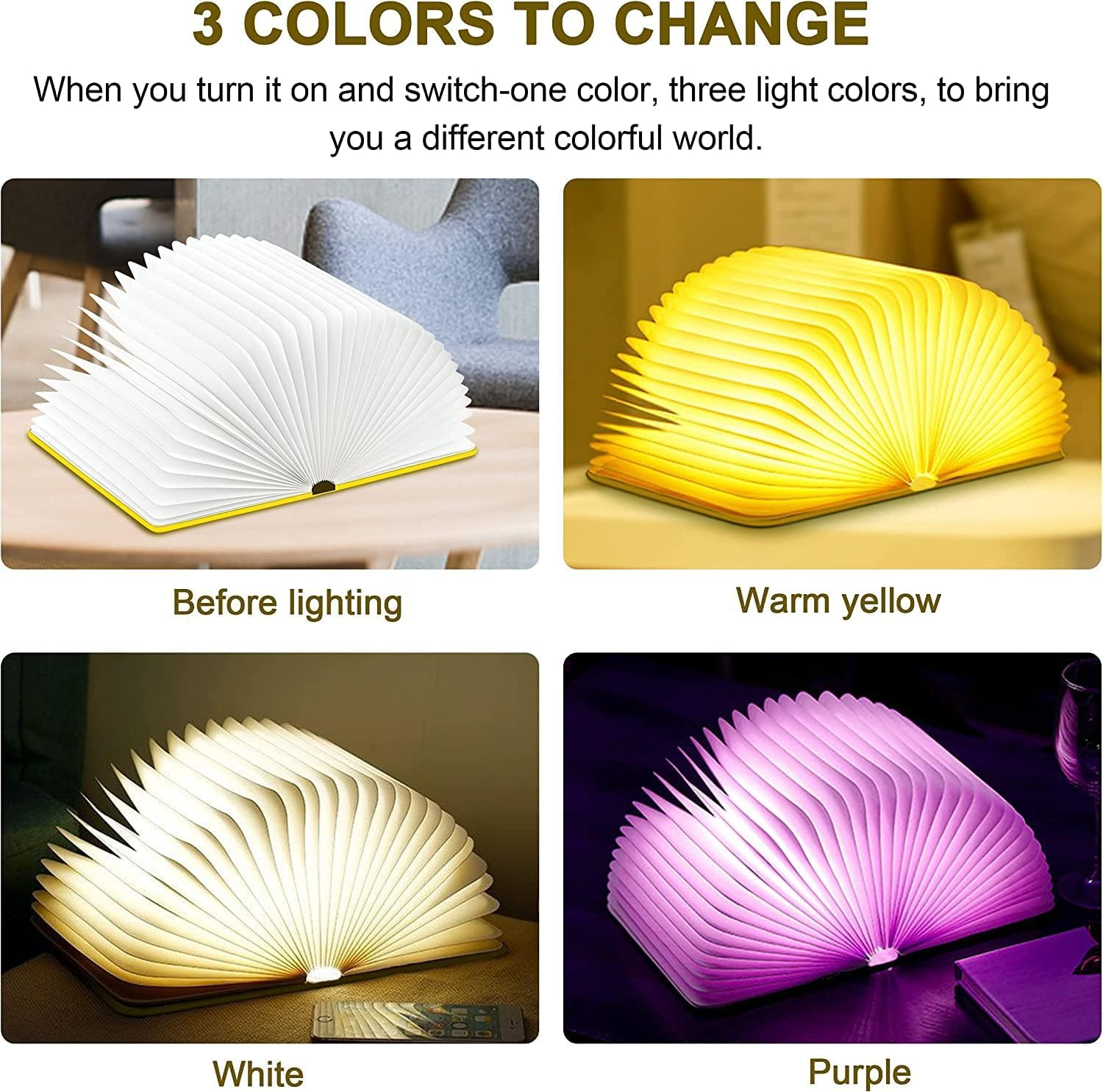 3D Elk Embossed Deer Book Lamp,Usb Rechargeable 3 Color Kids Night Light,Led Book Lights Multicolor Gifts for Baby Boys Girls Children Toddlers,Room Decoration (8.46 Inch Book Light) image number 2