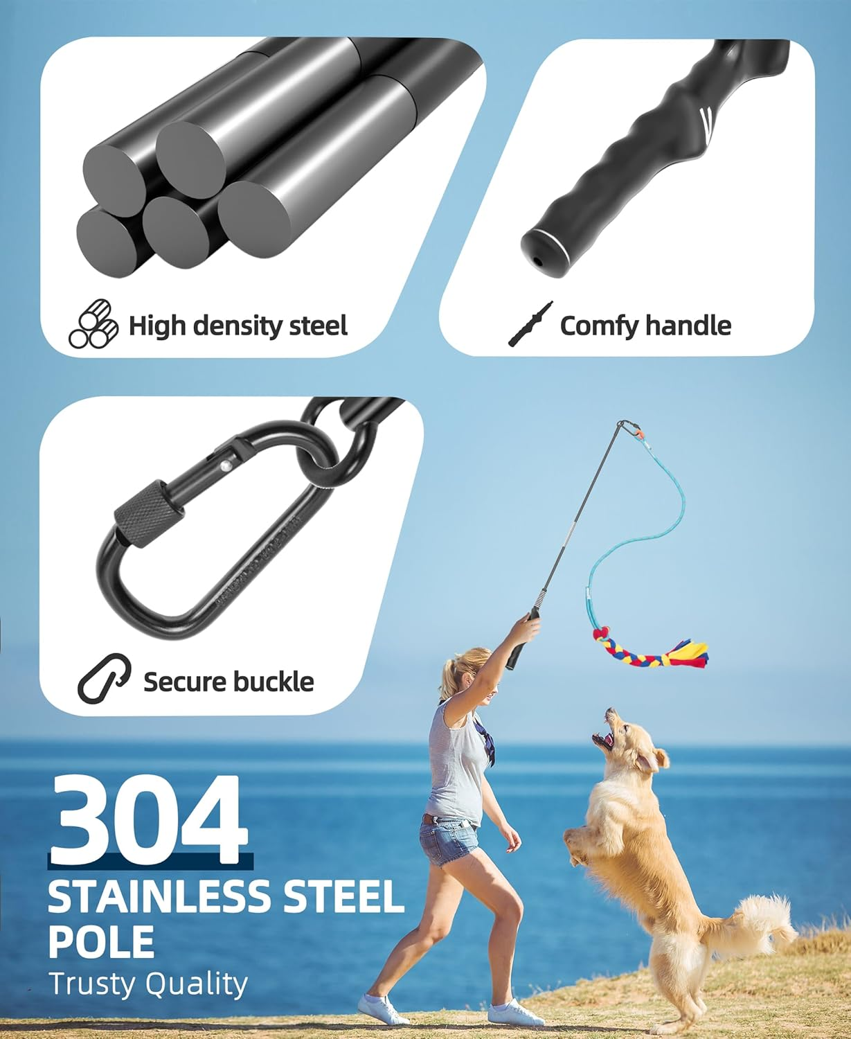 Ycozy Flirt Pole for Dogs Chase & Tug of War Interactive Dog Teaser Wand Toys Outdoor Exercise & Training with 2 Replacement Toys for Small Medium Large Dogs - Pole 83Cm image number 4