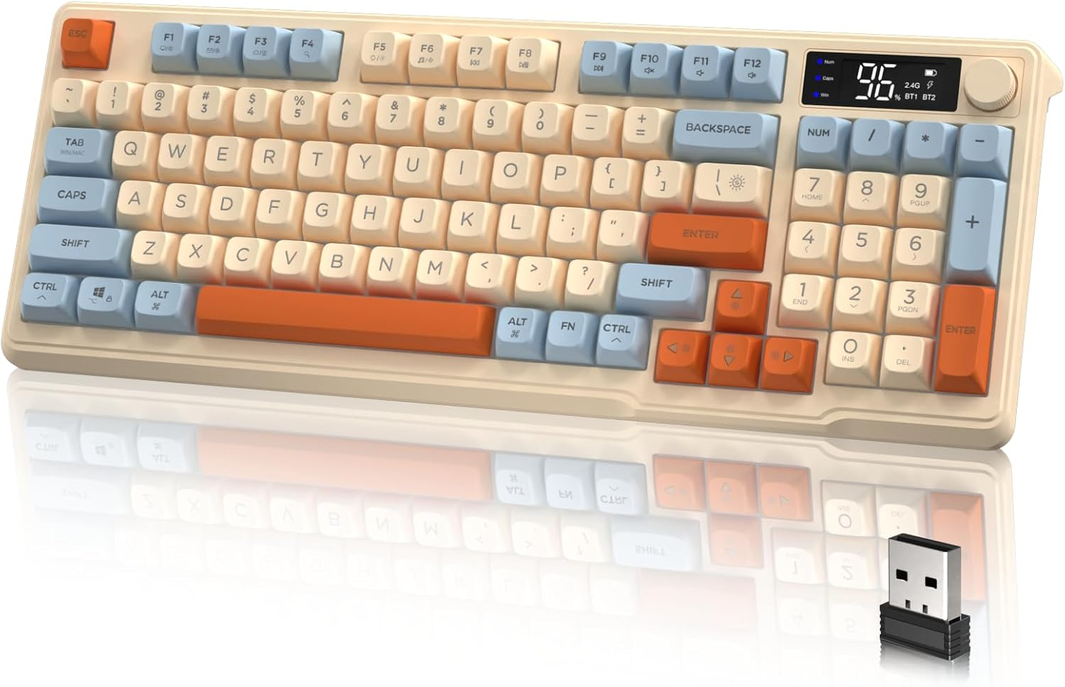 Lexonelec M96 Wireless Gaming Keyboard,94-Key Layout with Multimedia Knob,2.4G/Wireless Dual-Mode,Pbt Three-Color Ball Cap and Cool Colored Light, with LED Electronic Display for PC Gamers (Shimmer)