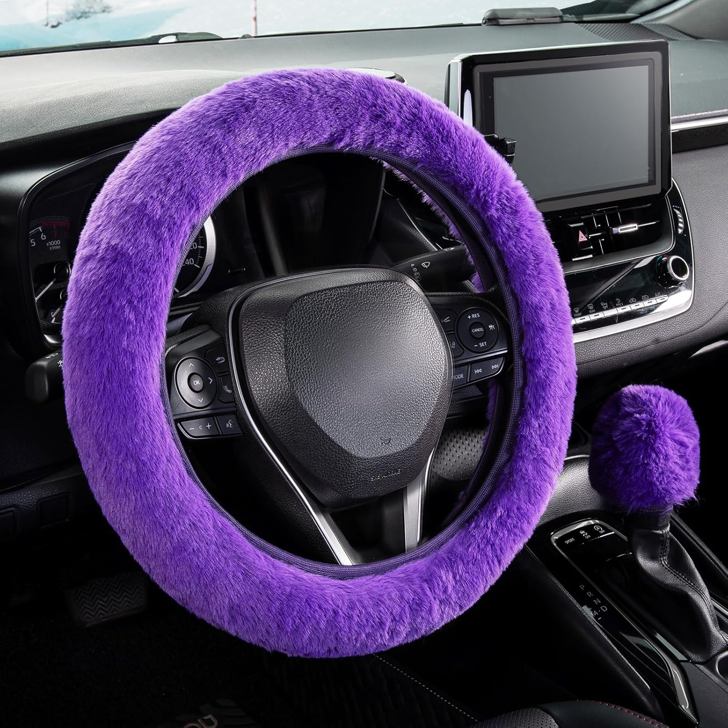 SEG Direct Fluffy Steering Wheel Cover and Fluffy Gear Lever Cover, Soft Warm Non-Slip Car Decoration for Women and Girls 2 Piece Set