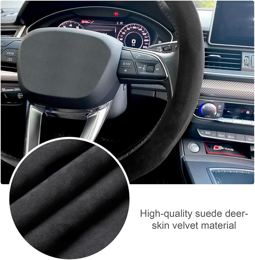 Carodi Suede Steering Wheel Cover - Non-Slip Leather, Fits 15-Inch Universal Car Interiors image number 4