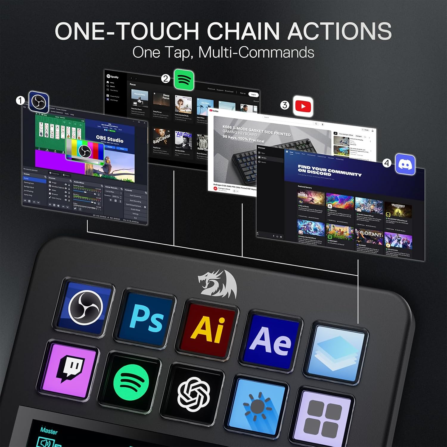 Redragon SS552 Stream Controller Deck - All-In-One Macro Pad with Customization Touch Strip, LCD Keys & Dials, Stream Station for Content Creators, Streaming, Gaming - PC & Mac Compatible image number 3