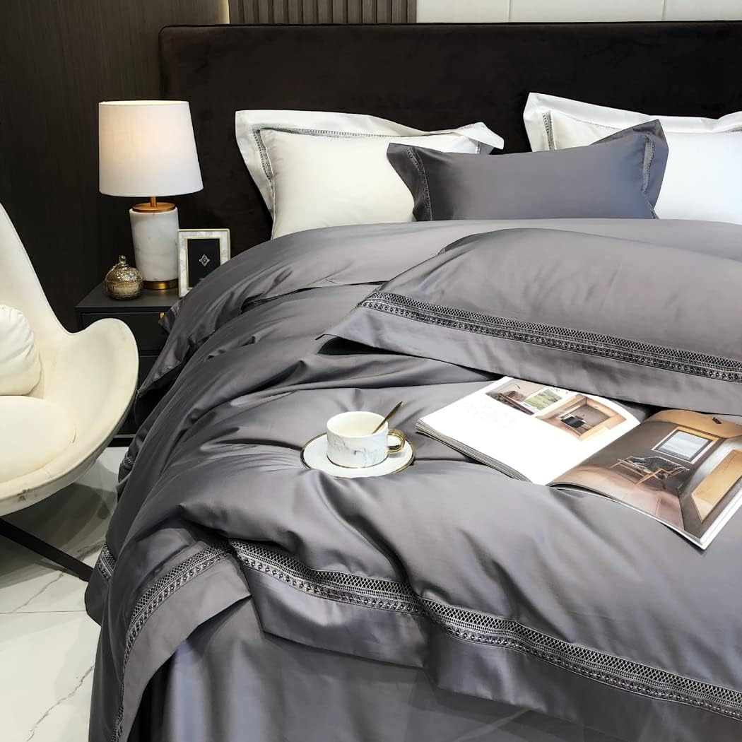 Modern Minimalist Hollow Edge Long-Staple Cotton Four-Piece Set Cotton Cotton Solid Color Quilt Cover Bedding,Black,2000 * 2300Mm image number 4