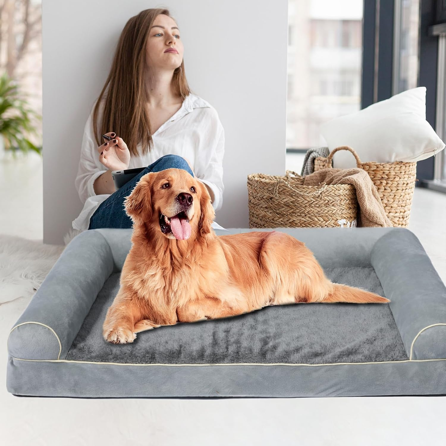 Dog Bed for Large Dogs, Orthopedic Washable Dog Bed with Removable Cover, Bolster Dog Sofa Pet Bed with Egg Foam & Nonskid Bottom, Medium Dog Sofa Beds (100 * 60CM) image number 4